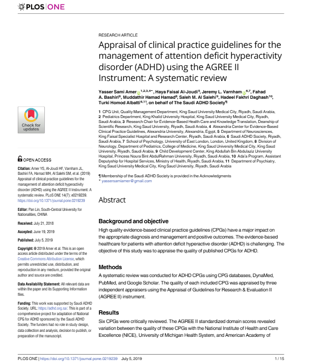 Appraisal of clinical practice guidelines for the management of attention deficit hyperactivity disorder (ADHD) using the AGREE II Instrument: A systematic review