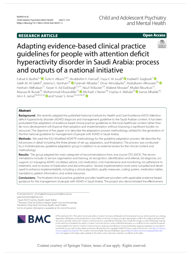 Adapting evidence-based clinical practice guidelines for people with attention deficit hyperactivity disorder in Saudi Arabia: process and outputs of a national initiative